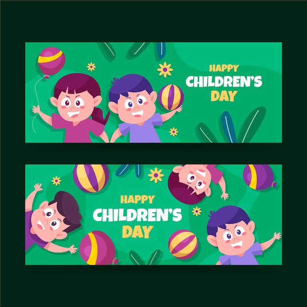 Flat world children's day horizontal banners set