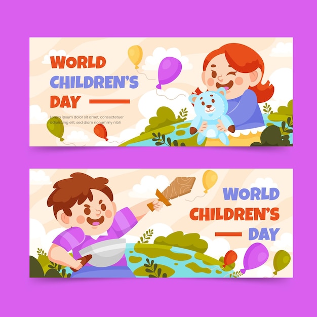 Flat world children's day horizontal banners set