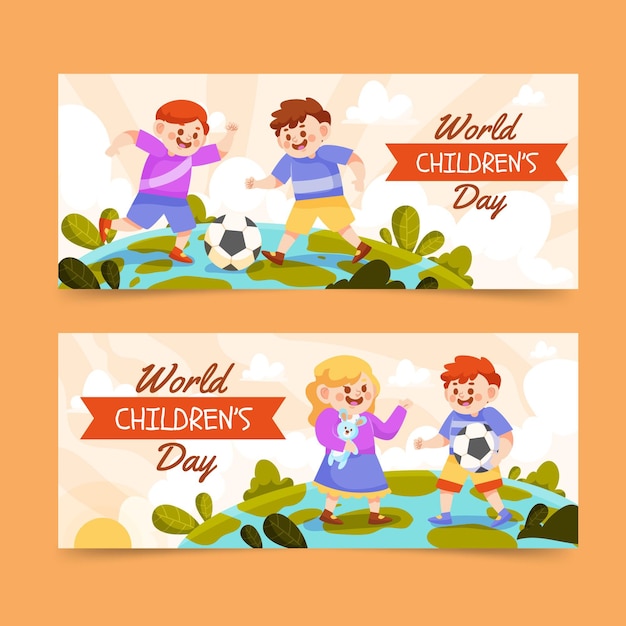 Flat world children's day horizontal banners set