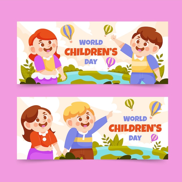 Flat world children's day horizontal banners set