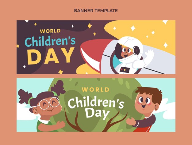 Flat world children's day horizontal banners set