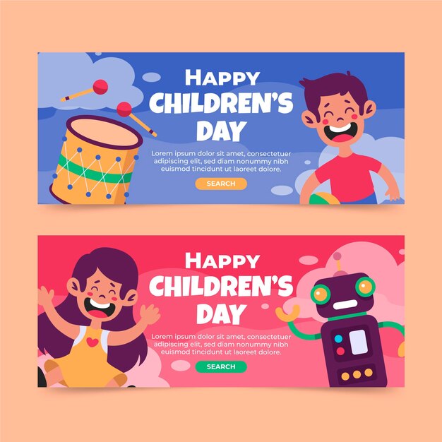 Flat world children's day horizontal banners set