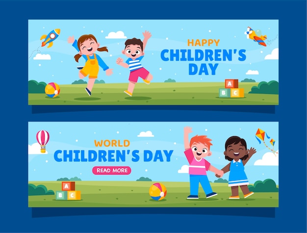 Flat world children's day horizontal banners set