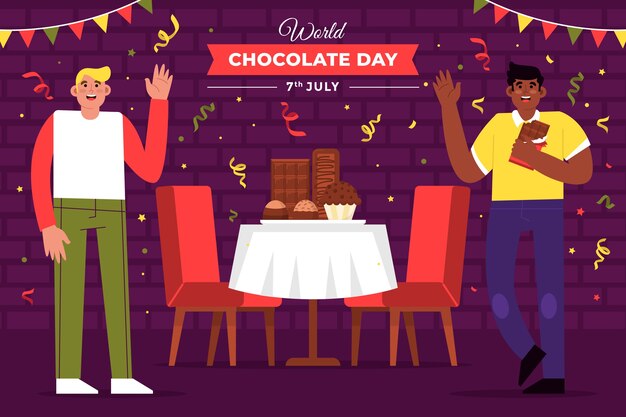 Flat world chocolate day background with people celebrating