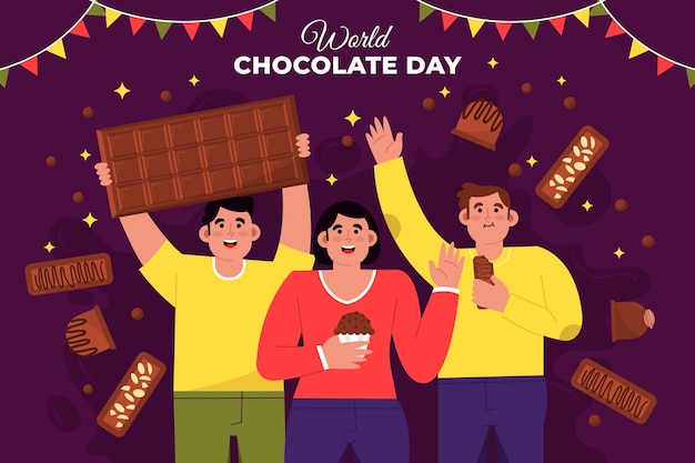 Flat world chocolate day background with people celebrating