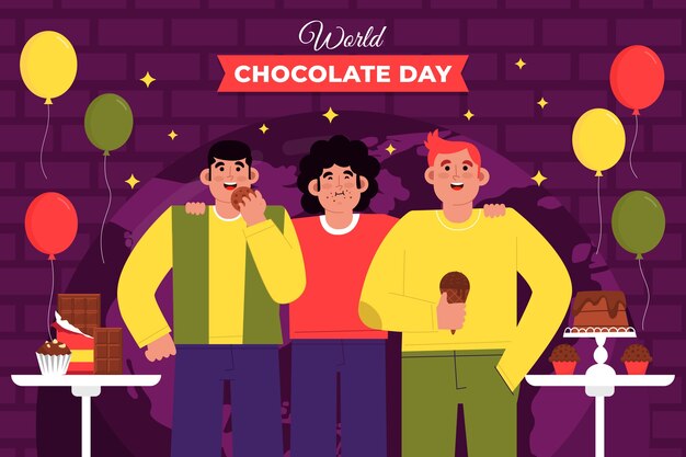 Flat world chocolate day background with people celebrating