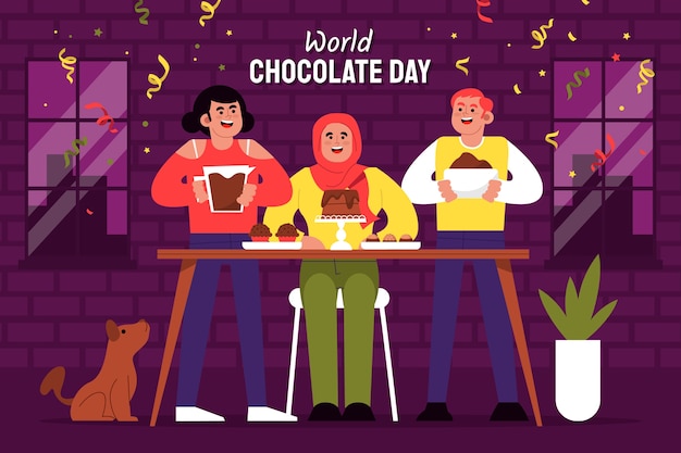 Flat world chocolate day background with people celebrating