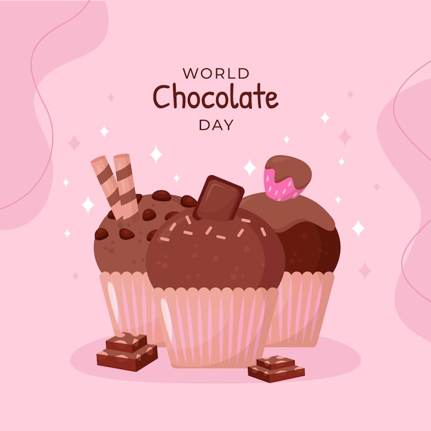 Flat world chocolate day illustration with chocolate muffins