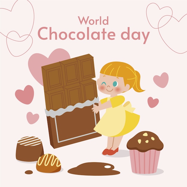 Free vector flat world chocolate day illustration with girl holding chocolate bar