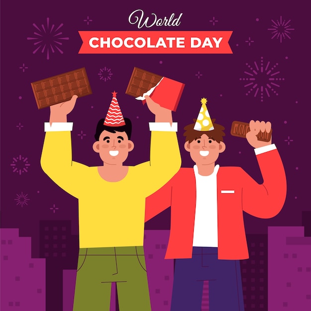 Flat world chocolate day illustration with men holding chocolate bars