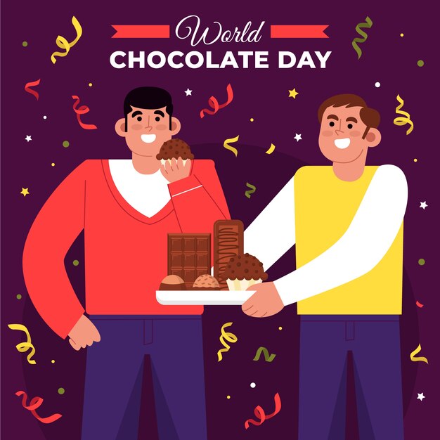 Flat world chocolate day illustration with men holding tray of sweets