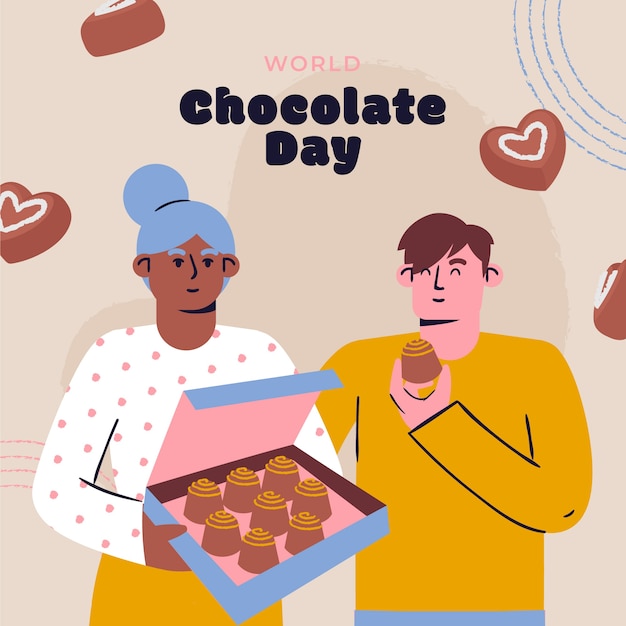 Free vector flat world chocolate day illustration with people enjoying chocolate sweets