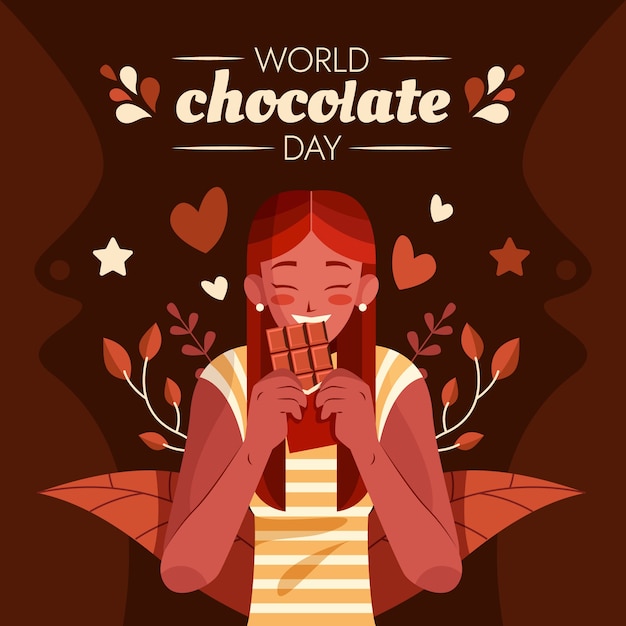 Flat world chocolate day illustration with woman eating chocolate