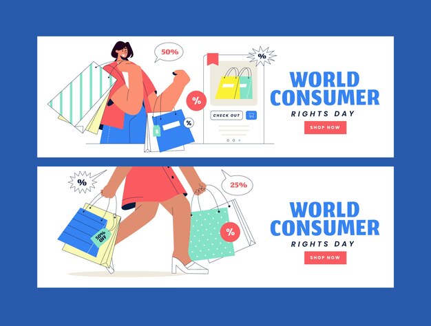 Flat world consumer rights day sale banners set