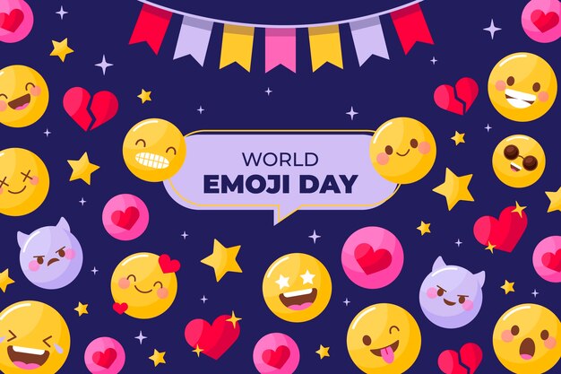 Flat world emoji day background with emoticons