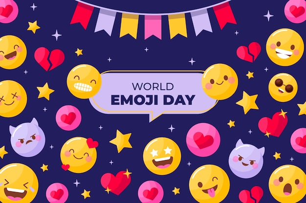 Flat world emoji day background with emoticons