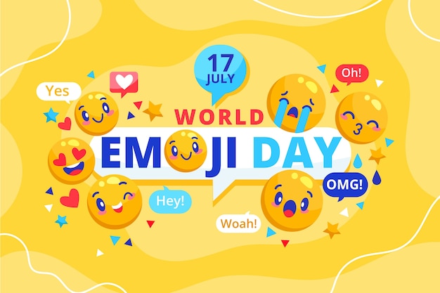 Flat world emoji day background with emoticons