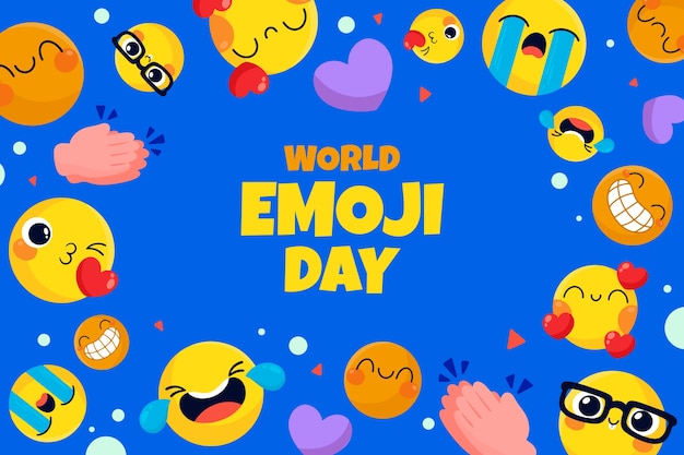 Flat world emoji day background with emoticons