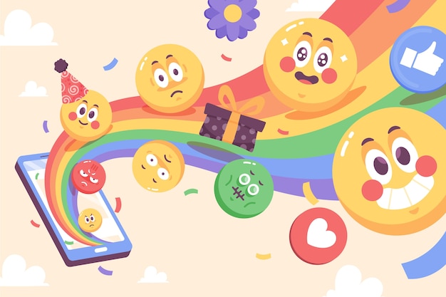 Flat world emoji day background with emoticons