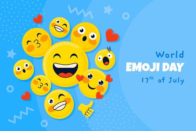 Flat world emoji day background with emoticons