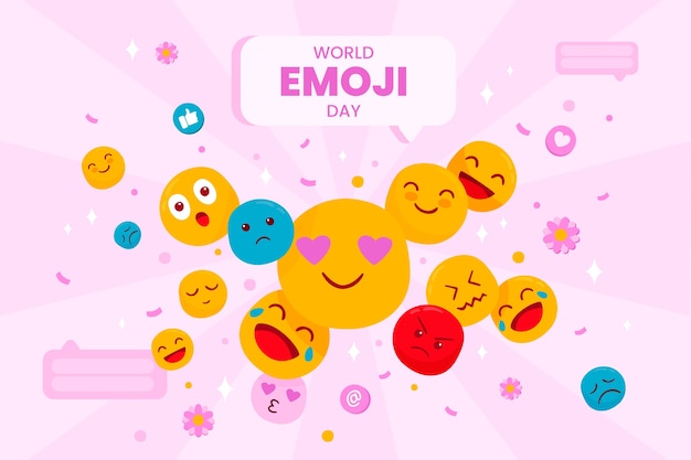 Flat world emoji day background with emoticons