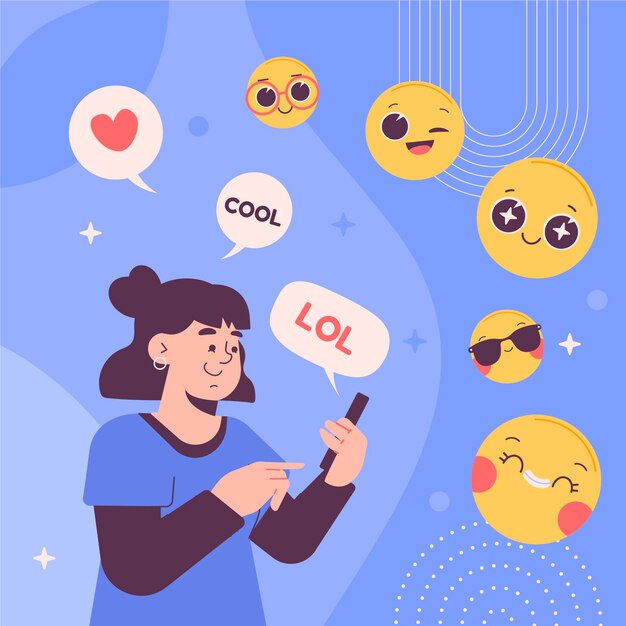 Flat world emoji day illustration with person texting