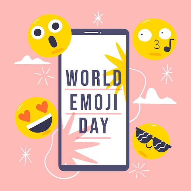 Free vector flat world emoji day illustration with smartphone