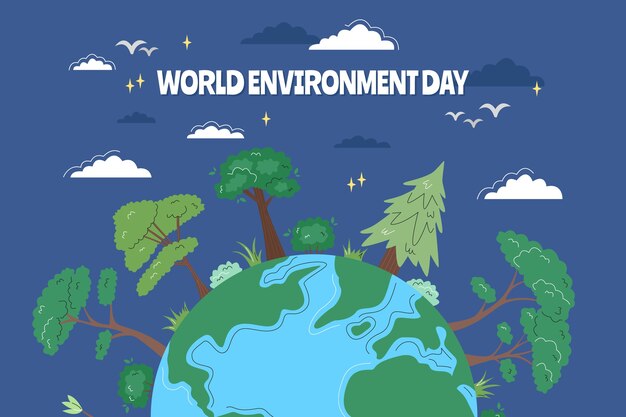 Flat world environment day background with planet earth and trees