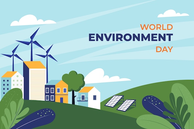 Flat world environment day background with wind turbines and buildings