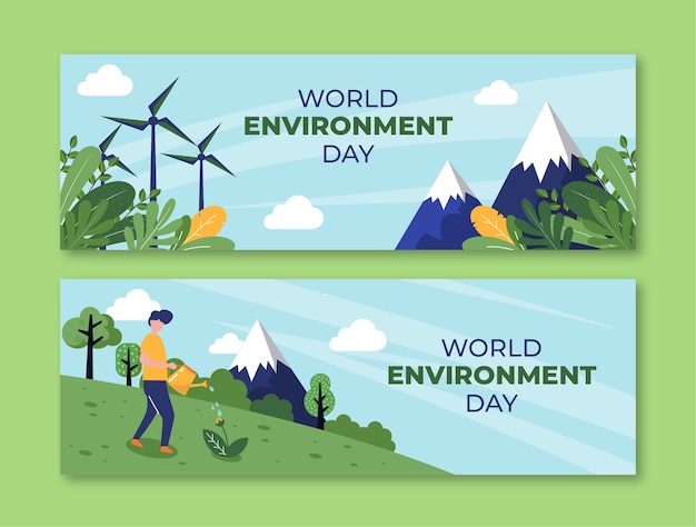 Flat world environment day horizontal banners set with wind turbines and mountains