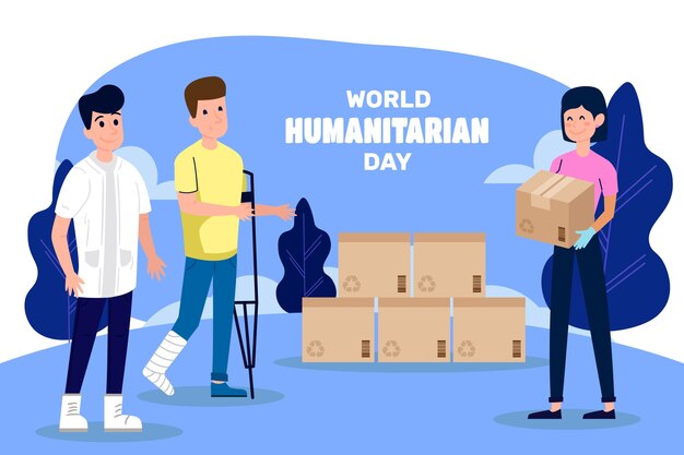 Flat world humanitarian day background with people getting help