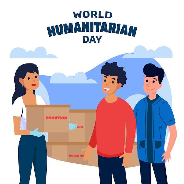 Flat world humanitarian day illustration with people and donation boxes