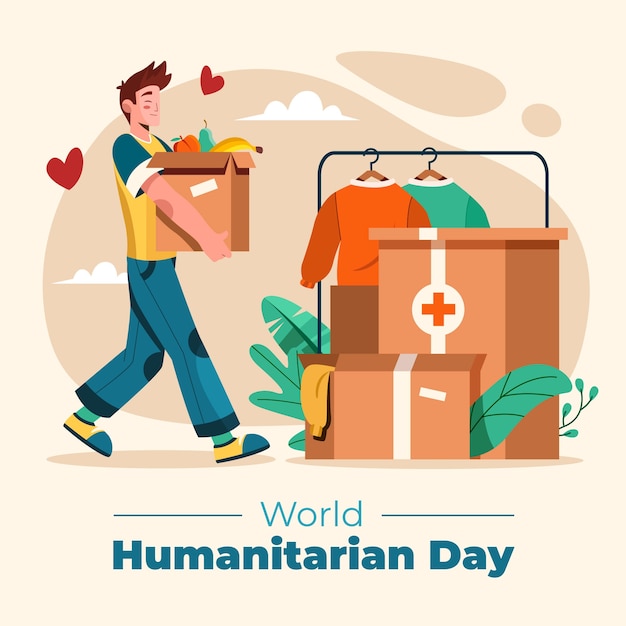 Flat world humanitarian day illustration with person holding aid box