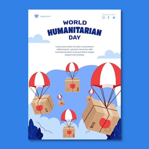 Flat world humanitarian day poster template with aid boxes parachuting