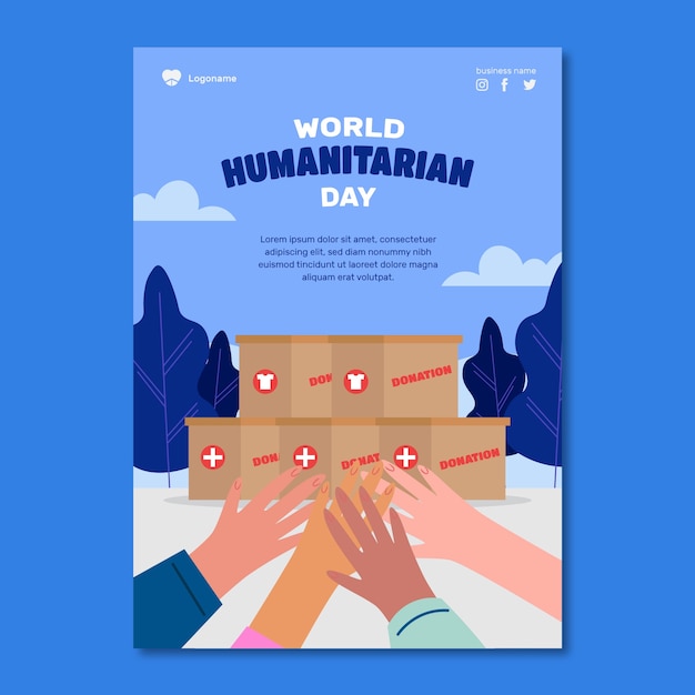 Flat world humanitarian day poster template with hands going for boxes