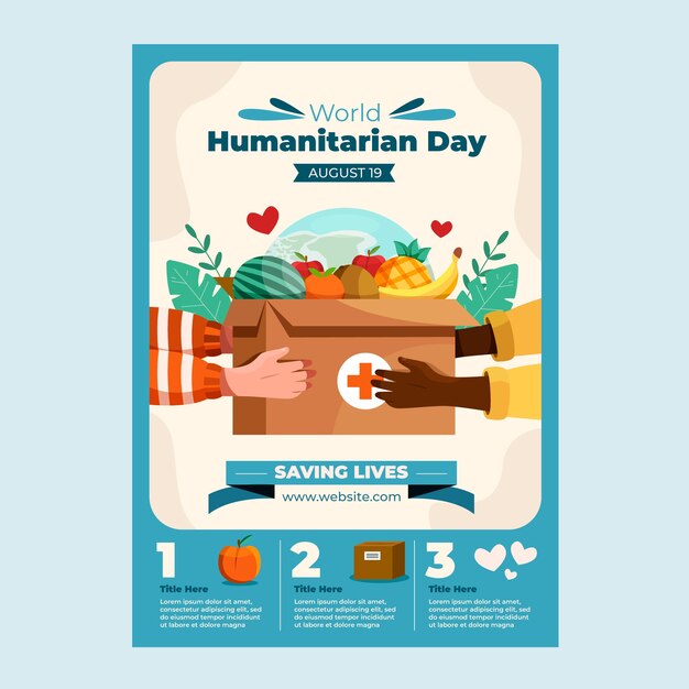 Flat world humanitarian day poster template with hands holding donation box