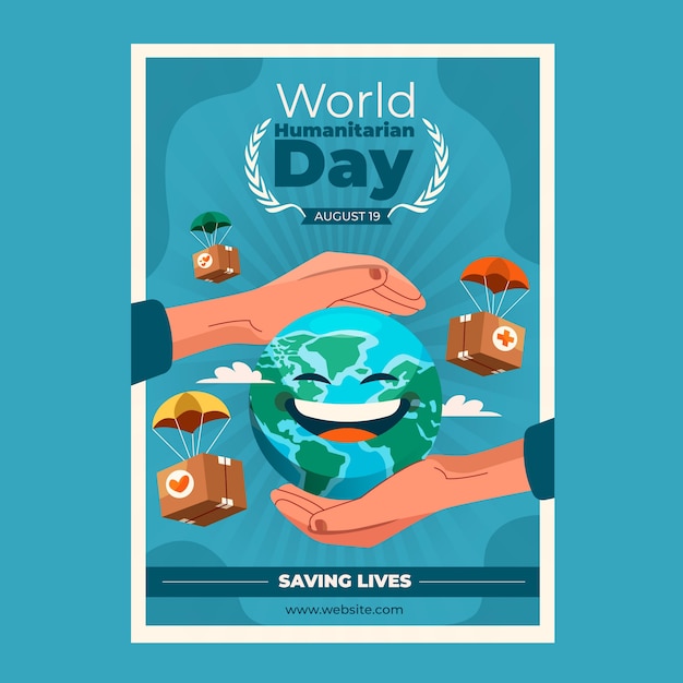 Flat world humanitarian day poster template with hands over planet