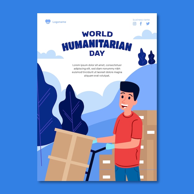 Flat world humanitarian day poster template with man handling boxes