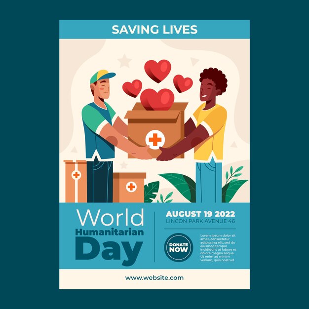 Flat world humanitarian day poster template with people carrying box