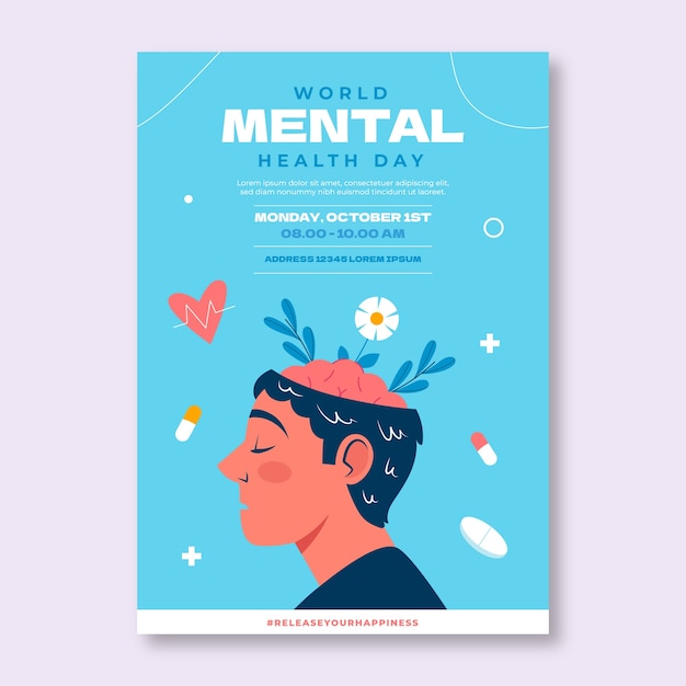 Flat world mental health day vertical poster template