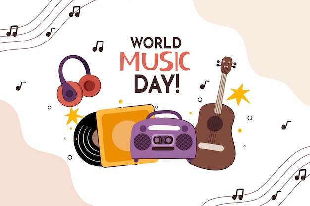 Free vector flat world music day background with radio and guitar