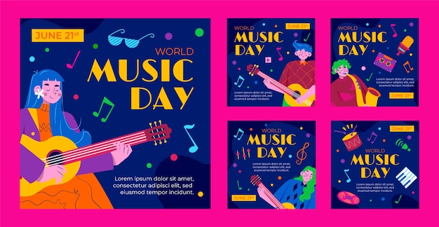 Free Vector flat world music day instagram posts collection