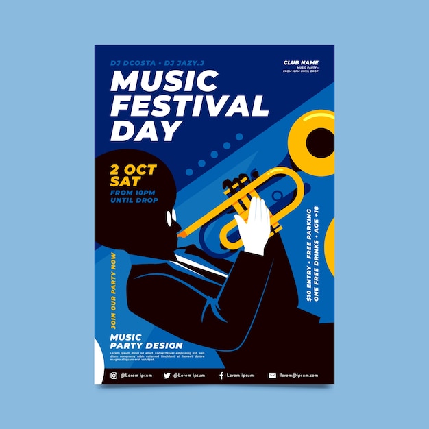 Flat world music day vertical poster template with trumpet