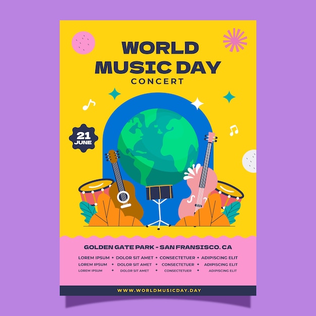 Free vector flat world music day vertical poster template