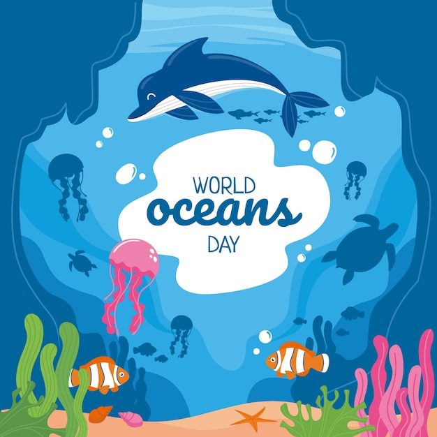 Flat world oceans day illustration