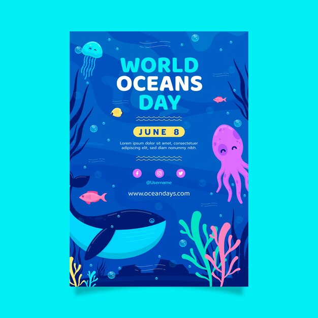 Flat world oceans day poster template