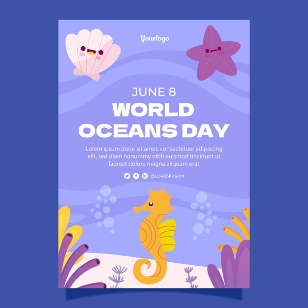 Flat world oceans day vertical poster template with seahorse