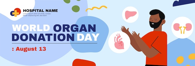 Flat world organ donation day horizontal banner template with man reaching for organs