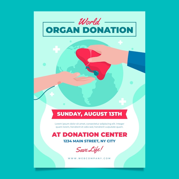 Free vector flat world organ donation day vertical poster template with hands reaching for liver