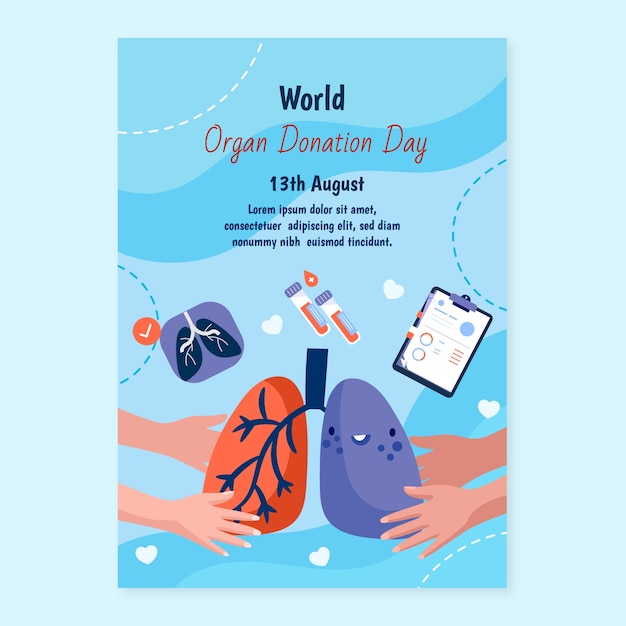 Flat world organ donation day vertical poster template with lungs and hands